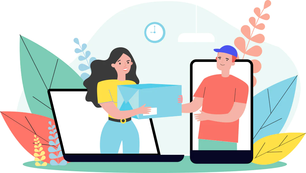 A woman and man exchanging a large credit card through laptop screens.